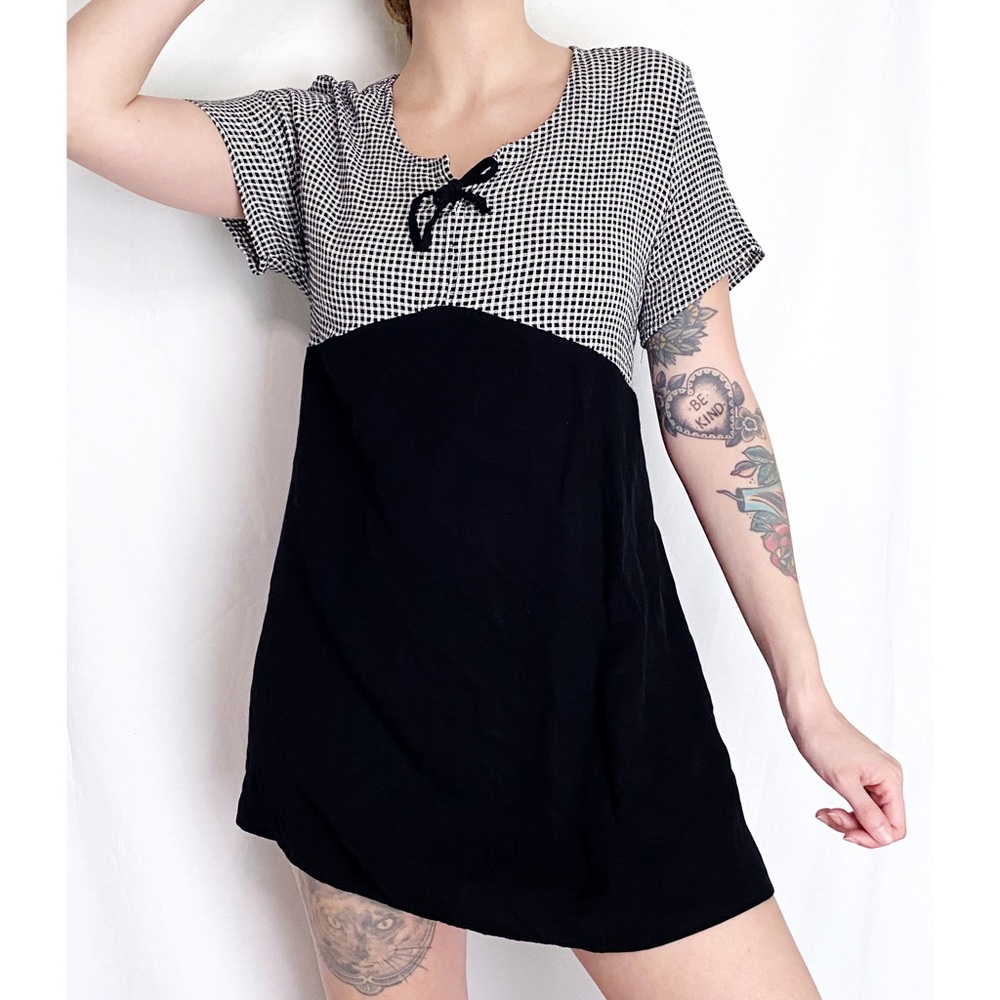SOLD ⢠Vintage Gingham Black + White Checkered Tunic Mini Babydoll Dress - Picture 3 of 9